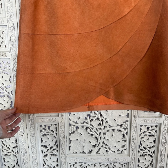 Vintage Retro Orange Tiered Suede Leather Knee Length Wrap Skirt Sz Small - Picture 5 of 9